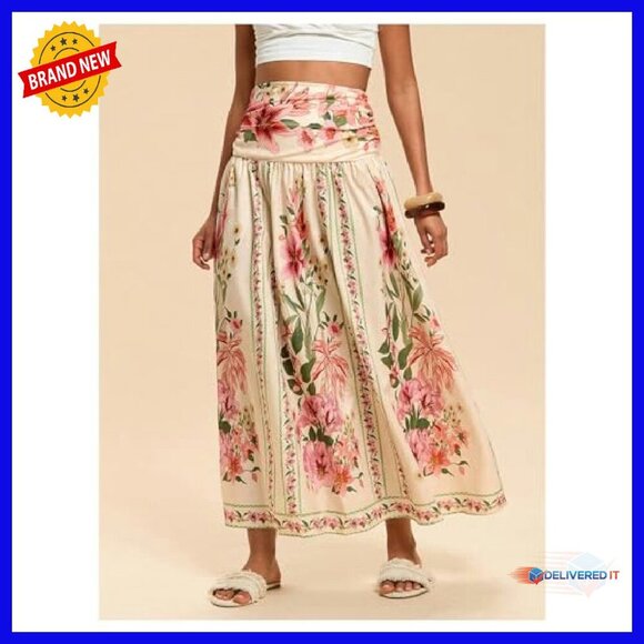 Shirred High Waisted Maxi Skirt A-Line Flowy Long Boho Floral Print - Picture 6 of 7